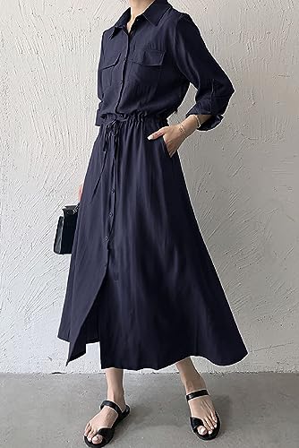Image of Women Roll-Up Long Sleeve Button Down Shirt Midi Dress