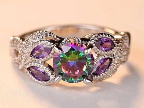 Awmnjtmgpw 925 Sterling Silver Rainbow Topaz Ring Women's Engagement Ring Princess Cut Diamond Ring Colorful Diamond Ring Size 6-102