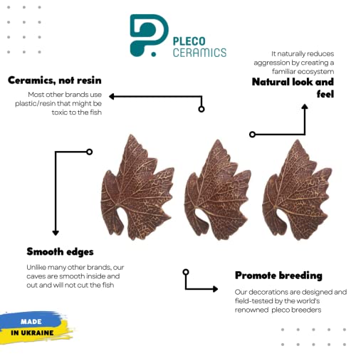 Image of Plecoceramics Aquarium Ceramic Decorations Cave Betta Stone Decor - Aquarium Fish Tank Hideway Decor for breeding Cichlids Plecos Betta Toys Hideout (Leaves)