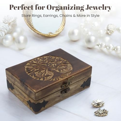 Image of Handmade Wooden Jewelry Box with Tree of Life Engraving - Antique Handcarved Keepsake Organizer for Women & Men | Solid Wood Storage Box for Jewelry, Trinkets, Gifts & Home Decor