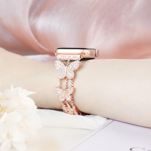 Image of Butterfly Band for Apple Watch Bands 44mm 45mm 46mm Rose Gold | Series 11 10 9 8 7 6 5 4 3 iWatch SE Ultra Band for Women, Slim Thin Metal Fancy Bling Cute Dressy Strap for Apple Watch Band