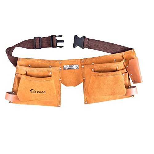 Kosma 11 Pocket Tool Storage Belt Apron - Leather Electrician Pouch with Hammer Holder, Yellow - Image 2