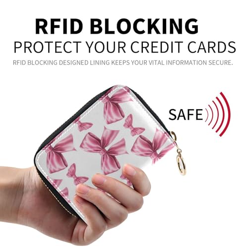 GAIGEO Credit Card Holder RFID Blocking Womens Wallets Small Zip Around Zipper Change Purse with Key Ring Soft Pink Bows Print White2