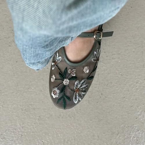 Image of MRKEWUNEY Mesh Ballet Flats for Women Embroidered Floral Round Toe Mary Jane