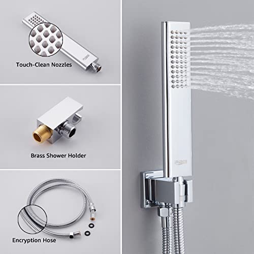 Iriber 12 Inch Bathroom Shower System Polish Chrome Wall Mounted Square Mixer Shower Faucet Combo Set With Hand Held Rough-In Valve Rainfall Shower And Trim #TOP3