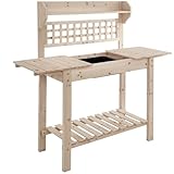 Outsunny Outdoor Potting Bench Table, Wooden Workstation with Sliding Tabletop, Storage Shelf and Dry Sink, for Greenhouse, Garden, Patio, Natural