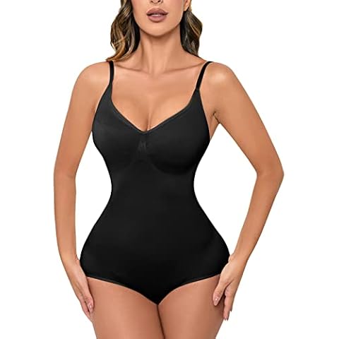 Hioffer Shapewear Bodysuit for Women Tummy Control Body Shaper Slim Full Body Contour Top Seamless V Neck Jumpsuits Cover