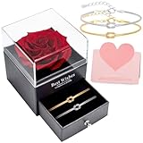 J.Fée Set de Regalos de Pulsera Pareja Rosa Eterna, Pulsera Mujer Plata 925 y Rosa Eterna Roja Natural, Regalos para Novia, Regalo San Valentin Mujer, Regalo Madre, Plata+Oro