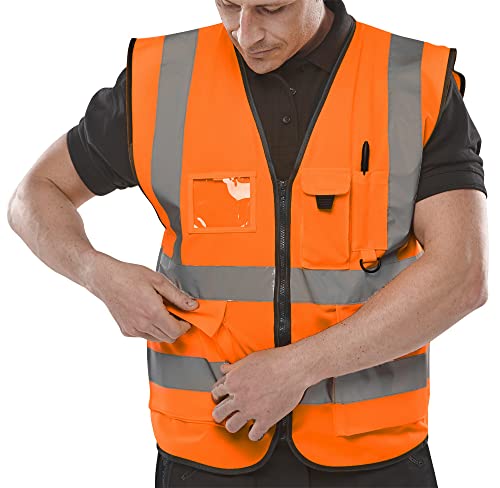 Expert Workwear Hi Vis Viz Vest High Visibility Waistcoat with Phone & ID Pockets Yellow Orange (4XL, Orange)