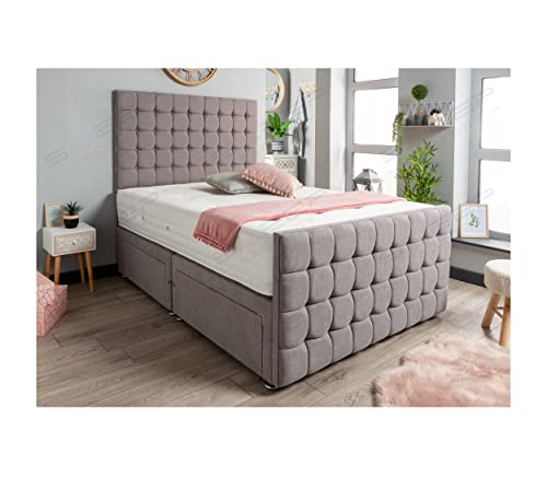 Sleep Factory's Ember Pearl Grey Linen Fabric Bed With Cubed Headboard, TAC 3 Sprung Memory Mattress and Tall Footboard 4.6FT (Double) 2 Drawers Footend