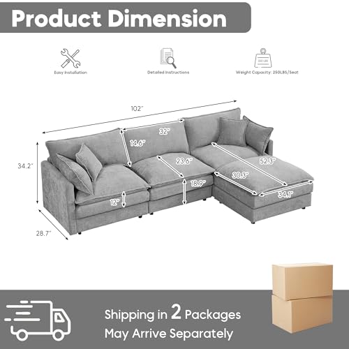 Image of 102 inch L Shaped Modular Sectional Sofa, Comfy Upholstery Chenille Cloud Couch with Ottoman, Modern 4-Seat Deep Seat Sofa with Pillow for Living Room, Bedroom, Apartment, Grey