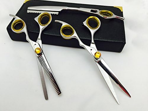 5.5" Professional Barber Razor Edge Silver Titanium Coated Hair Cutting and Texturizing Shears Scissors with Straight Razor Student Teacher Kit Set+case Black