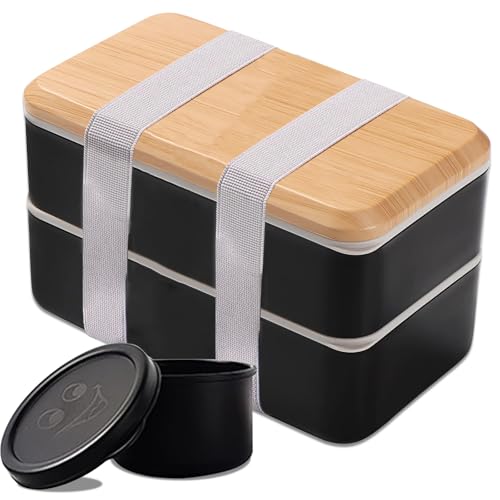 Mooisco Lunch Box for Adults,Stackable Food Container 2 Compartment Lunchable Bento Boxes With Cutlery Set 1400ML?47oz? Black Lunch Containers with 60ML(2oz) Sauce Box