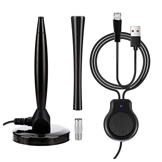 Topretty ATSC DVB-T2 360° liten antenn-TV Digital HD inomhus, 250+ mils räckviddsantenn stöder 4k 1080p, inbyggd förstärkare signalförstärkare, två former av stolpar för bord, vägg, balkong