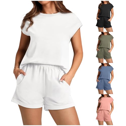 2 Piece Lounge Set Women Summer Casual Comfy Outfits Short Sleeve Basic Tees Lightweight Shorts Beach Vacation Sets