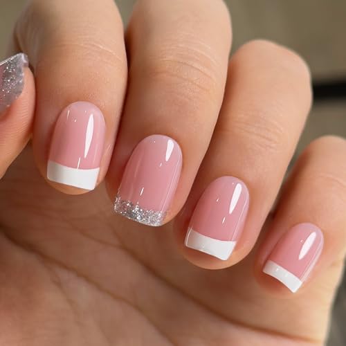 CurvLife Short Square French Tip Press On Nails, Glitter Pink, So...