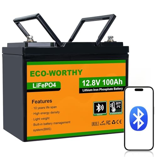ECO-WORTHY 12V 100AH LiFePO4 Battery 1280Wh Energy with Bluetooth & Low-Temp Cut off Built-in 100A BMS for Motorhomes Campervan Narrowboat Solar