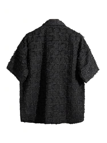 Men's Plaid Button Down Shirts Raw Trim Half Sleeve Lapel Collar V Neck Shirt Top2