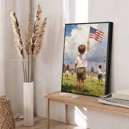 Image of American Flag Framed Canvas Wall Art, 4th of July Canvas Prints, Boy Holding USA Flag Patriotic Decorations, Modern Independence Day Wall Decor for Living Room Kids Room Dining Room Office 6x8