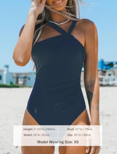 CUPSHE Maiô feminino franzido com controle de barriga e amarração nas costas de várias maneiras, Azu