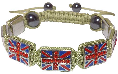 Bracelet Drapeau Royaume-Uni Zirconium Cubique Coton Macramé Perles Hématites Taille Réglable à partir 15,5cm angleterre cadeau anniversaire uk st valentin bijou garçon fille fête mère maman père papa