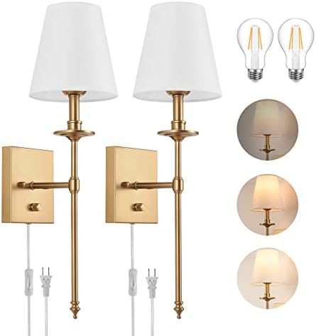Dimmable Wall Sconces Set of Two, Plug in Wall Sconces White Fabric Shade, Wall Lamp for Bedroom, Living room, Plug in Wall Light Sconces Wall Decor Set of 2, LED Bulbs Included, Antique Brass