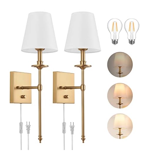 ENCOMLI Dimmable Wall Sconces Set of Two, Plug in Wall Sconces White Fabric Shade, Wall Lamp with 6FT Plug in Cord, Plug in Wall Light Bathroom Vanity Light Fixture, LED Bulbs Included, Antique Brass
