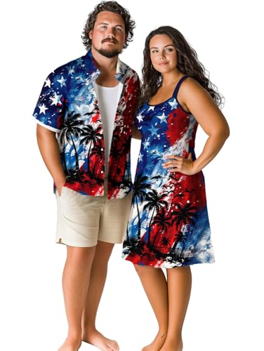 Image of ROSE GAL Matchable Couple Hawaiian Tie Dye Coconut Tree Print Shirt or Plus Size Knee Length Fit and Flare Tank Dress