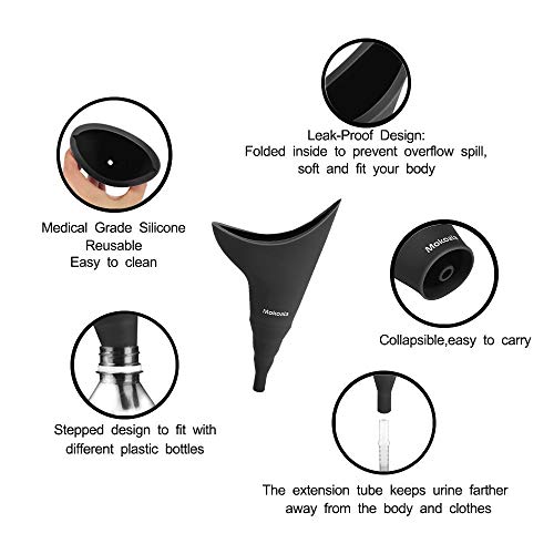Female Urination Device Portable - Reusable Silicone Women Pee Funnel Allows Women to Pee Standing Up, Portable Design with Drawstring Bag for Outdoor Camping Hiking Backpacking Picnic (black) - Thumbnail 4