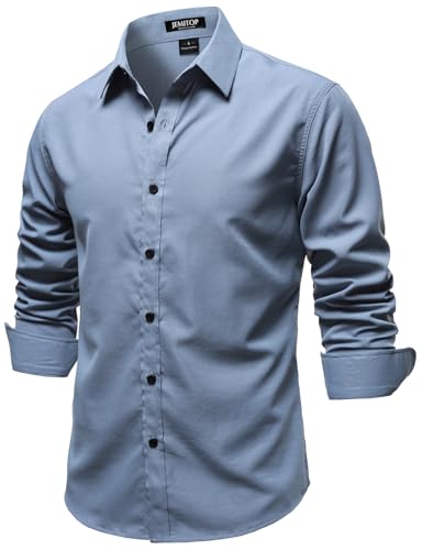 JEMITOP Mens Stretch Soft Vintage Slim Fit Shirts Long Sleeve Button Down Dress Shirt for Casual Western Work Business Formal Dusty Blue L