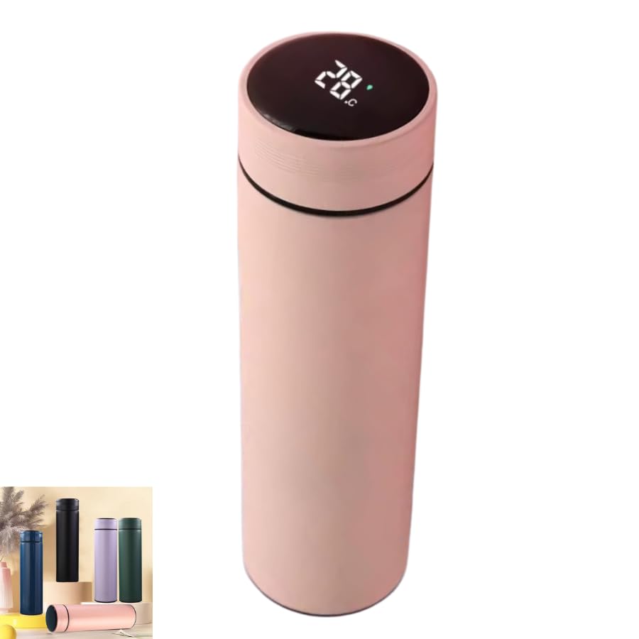 Insulated Stainless Steel Travel Mug 500ml with LED Temperature Display Lid, Vacuum Thermal Bottle, Keeps Cold 24h Hot 12h, Leakproof Portable Water Bottle for Coffee Gym Office Travel - Light Pink