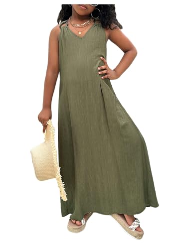 SHENHE Girl's Summer Sleeveless Maxi Dress Wide Strap Cross Back V Neck Flowy Vacation Beach Long Sundress