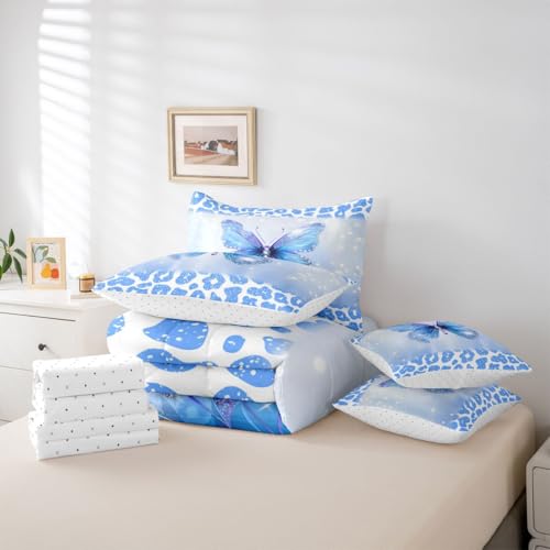 Image of Feelyou Cute Butterfly Comforter Set with Sheets 7 Piece Twin Size Leopard Print Bed in a Bag Kids Boys Girls Butterflies Print Bedding Set Glitter Dreamy Princess Soft