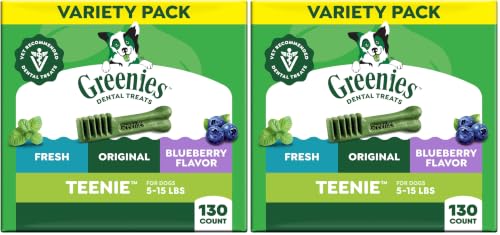 Image of Greenies Dog Treats Veterinarian-Recommended Natural Dental Treats for Dogs, Teenie Size, Variety Pack Flavor, (3) 12 oz. Packs, 130 Count (Pack of 2)