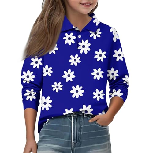 Girls Long Sleeve Polo Shirt Floral Print Soft Casual Top School Uniform for Kids