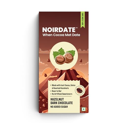 Image of NoirDate Hazelnut Dark Chocolate - 75g, Bean to Bar, Sweetened with Dates, Refined Sugar Free, Clean Label, Healthy, Vegan, Gluten-Free, Guilt-Free Indulgence (Pack of 1)