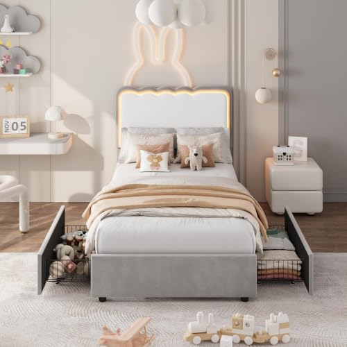 Image of Garvee Irregular Wave LED 2-Drawer Soft Upholstered Bed, Soft Padding