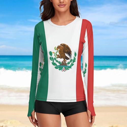 Flag of Mexico Womens Rash Guard Long Sleeve Swimsuits UPF 50+ SPF Shirts Sun Shirt Bathing Suit-2