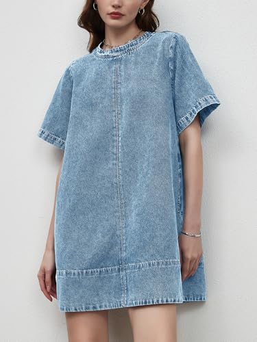 Image of LifeShe Denim Dress for Women Summer Casual Short Sleeve Chambray Mini Jean Dresses with Pockets