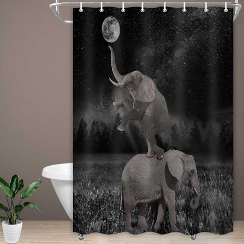 Image of Boziqr Funny Shower Curtains for Bathroom, Cute Elephant Moon Forest Bath Curtain, Rustic Farmhouse Decor Polyester Fabric Fun Cool Animals Black 47 x 64 Inches