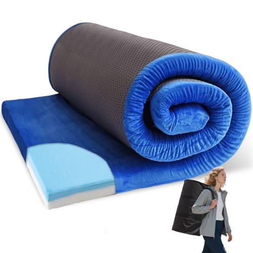 Flantree キャンプ用スリーピングメモリーフォームパッド - 2インチ ポータブルキャンプ用マットレスパッド、大人用ブルーコットマットレスベッド 防水&滑り止めマットレスパッドマット アウトドア旅行、テント、車、ハイキング用