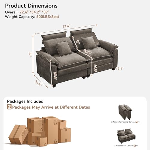 Image of 72'' Cloud Modern Loveseat Couch with Detachable Headrest, Modular Sectional Sofa Couch Deep Love Seat, Oversized 2 Seater Chenille Comfy Sofa with Armrests for Living Room, Brown