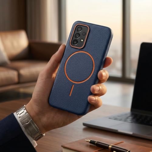 Image of amazon basics Luxury MagSafe Compatible Leather Texture Back Cover for Samsung Galaxy A73 5G | Raised Camera Protection | Slim Fit Shockproof Case with Metallic Accents (Dark Blue)