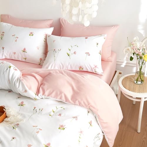 Image of Wake In Cloud - Floral Comforter Set, Cottagecore Cute Aesthetic Watercolor Tiny Flowers and Leaves, Soft Lightweight Bedding for Women Teen Girls, 3 Pieces, Pink, Full Size