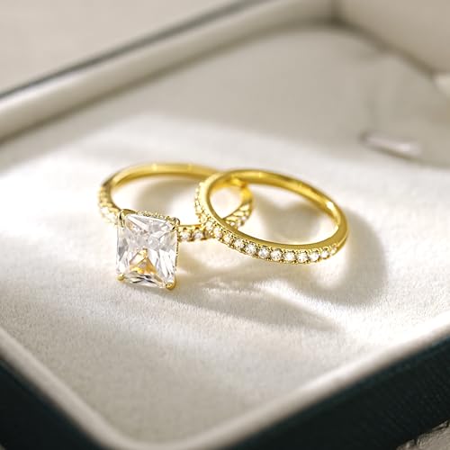 LUCA SMITH 1.5CT CZ Bridal Set for Women 14K Gold Plated Cubic Zirconia Square Round Cut Wedding Bands Engagement Promise Ring AAAAA Simulated Diamond Stackable Anniversary Eternity Rings for Her3
