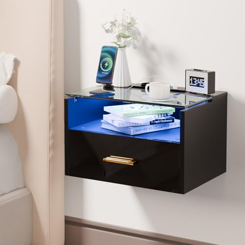 Ztexkee Mesita de Noche Flotante Mesilla de Noche Suspendida con Enchufe y Tira de luz RGB Cristal Mesitas de Noche con 1 Cajón y 1 Compartimento para Dormitorios, Salones,Negro