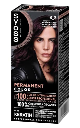SYOSS Permanent Color 3-3 Violín Intenso, tinte de pelo y mascarilla intensiva con keratina, para una cobertura profesional de canas, color duradero y cuidado intensivo