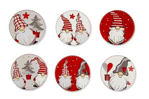 Excelsa Gnomo Set 6 Sottobicchieri, Ceramica, Base in Sughero, Diametro 10,5 Cm., Multidecoro
