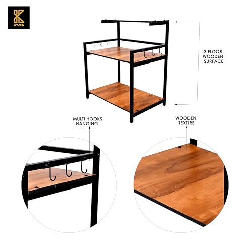 Image of KYZEN Deluxe Microwave Oven OTG Stand for Kitchen Counter, Toaster Organizer, Extra Storage with Side Hooks for Home & Kitchen Appliances 3T Deluxe
