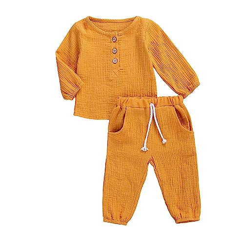 2Pcs Toddler Baby Boy Girl Clothes Cotton Linen Outfit Solid Color Long Sleeve T-Shirt Tops Elastic Waist Pants Set